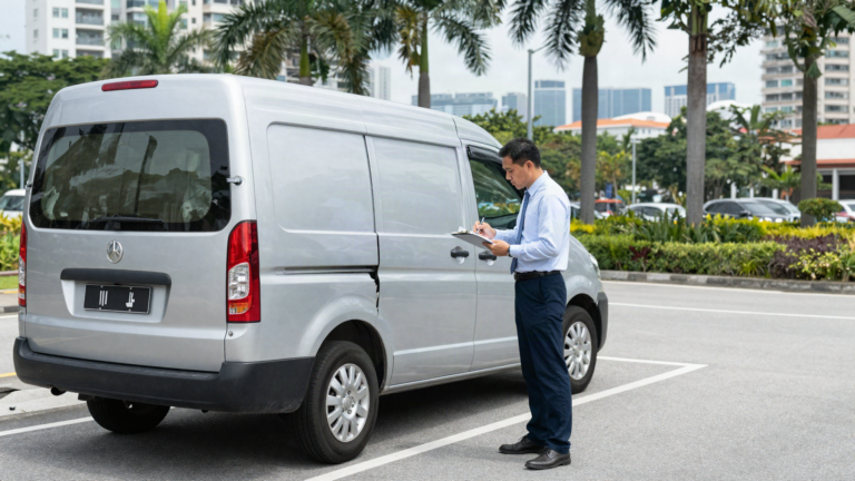 Insurance claims assessor inspecting a dented commercial van with a Singapore license plate after an at-fault accident