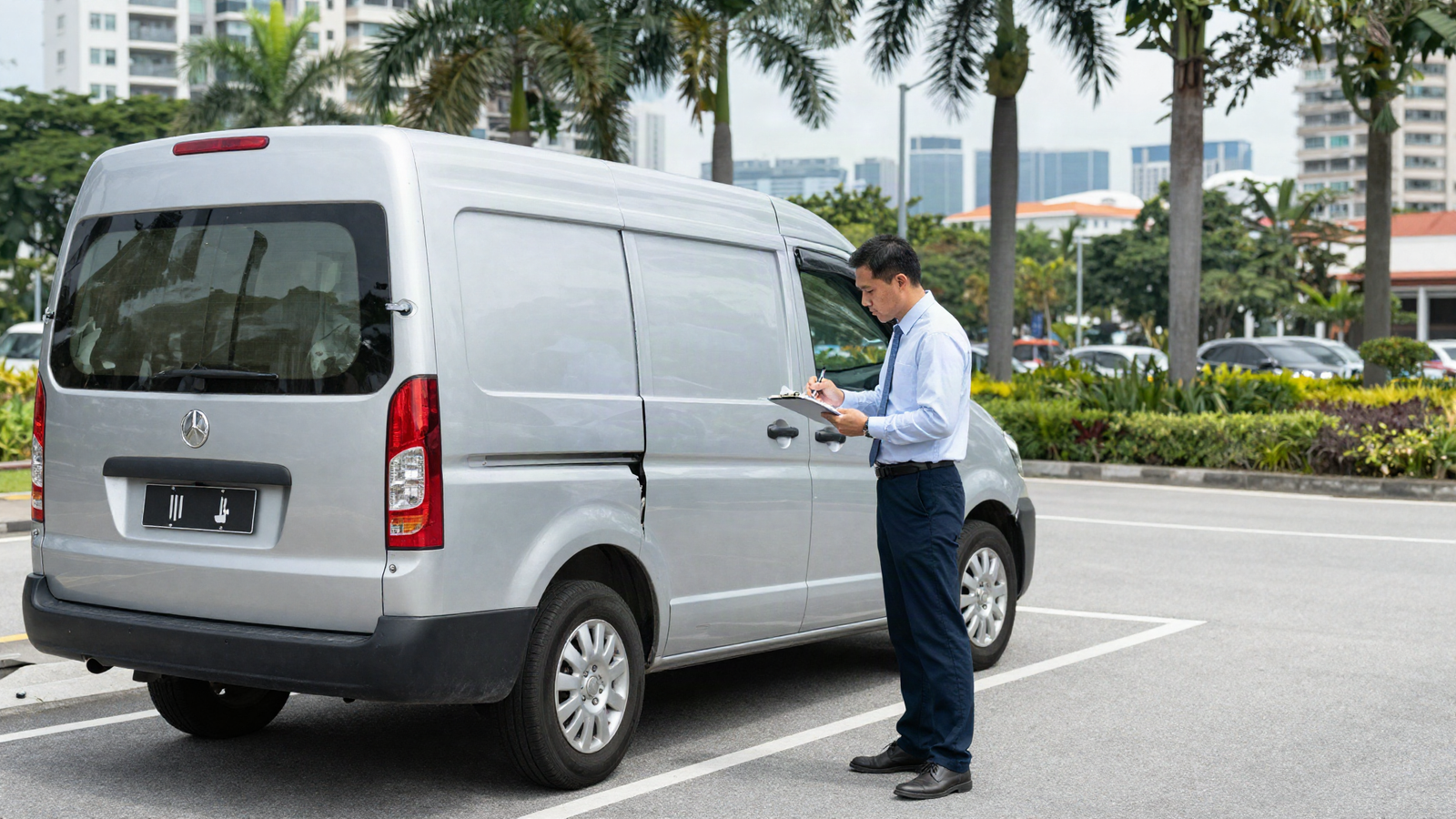 Insurance claims assessor inspecting a dented commercial van with a Singapore license plate after an at-fault accident