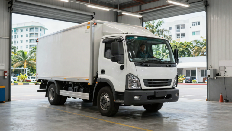 AI-generated image of a commercial box truck in a Singapore maintenance service bay, with an Asian technician in the cab and HDB-style residential blocks visible outside, illustrating scheduled maintenance for lorries and trucks in Singapore