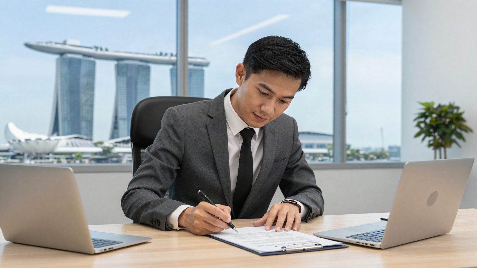Asian businessman and businesswoman signing a commercial vehicle leasing contract in a Singapore office with the city skyline visible, illustrating what to check before signing a leasing contract