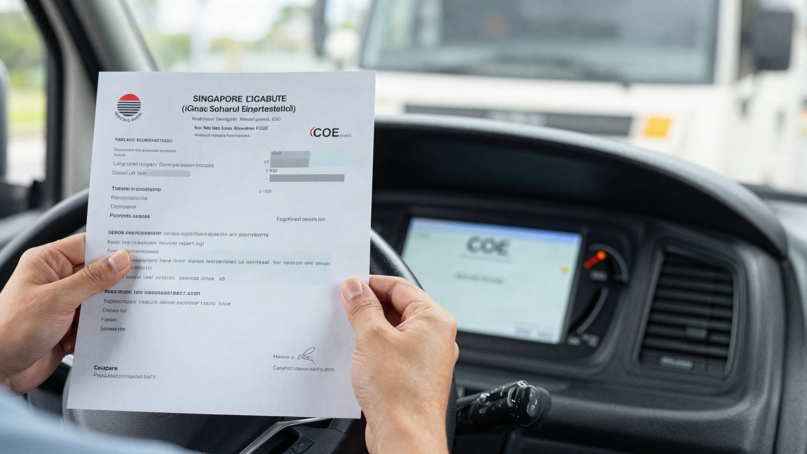 Asian fleet manager holding a Singapore vehicle registration and COE certificate beside a commercial truck dashboard