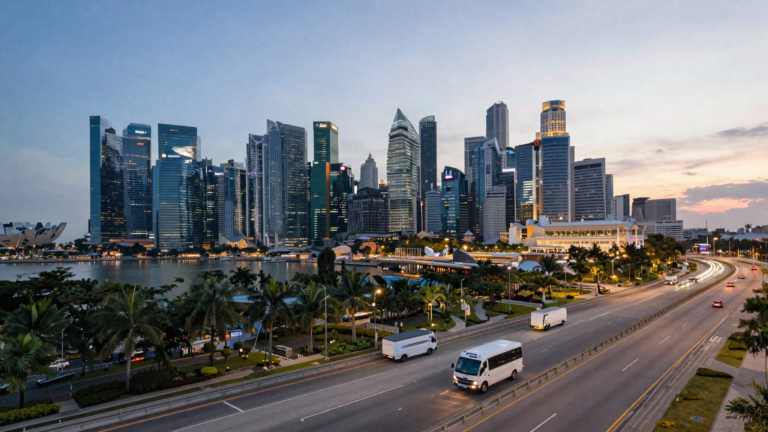AI-generated aerial view of Singapore's Marina Bay skyline with electric commercial vans and trucks on the expressway, illustrating the country's 2030 ICE vehicle phase-out for commercial fleets