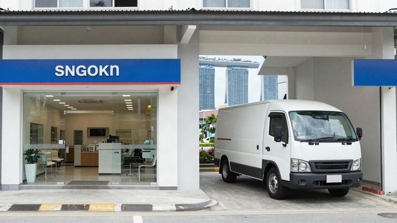 Split comparison image of a Singapore bank branch exterior beside a commercial vehicle dealership showroom, illustrating bank loans versus in-house dealer financing