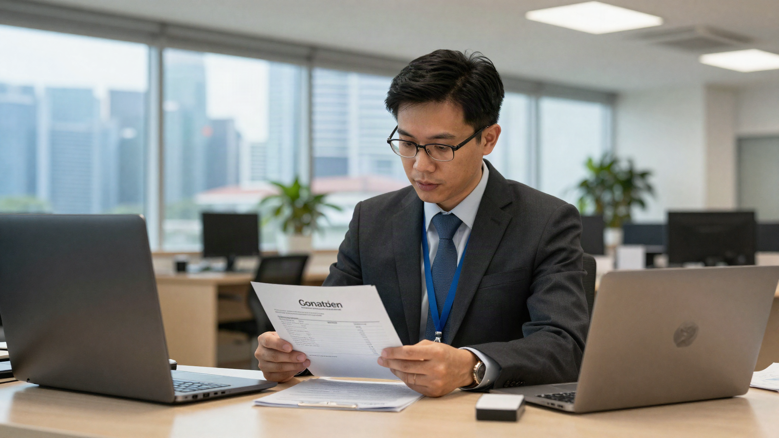 An HR manager reviewing foreign worker levy documents at a Ministry of Manpower services centre in Singapore