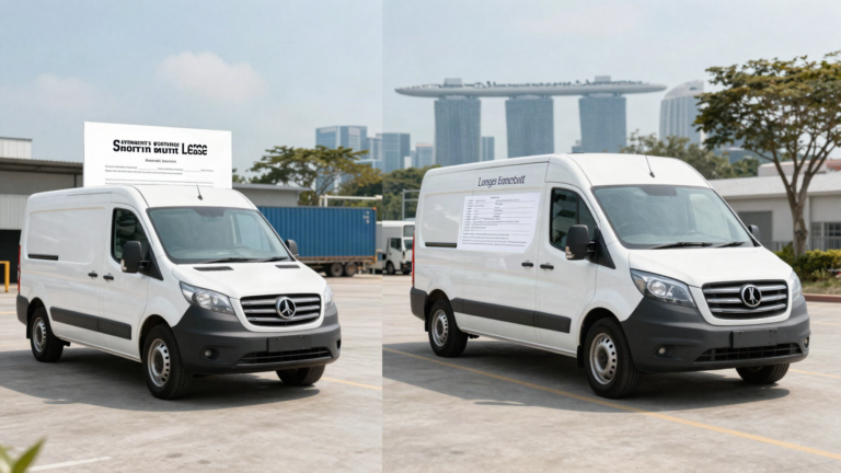 Split comparison graphic of a commercial van under a short-term operating lease versus the same van under a long-term finance lease contract, Singapore skyline in the background