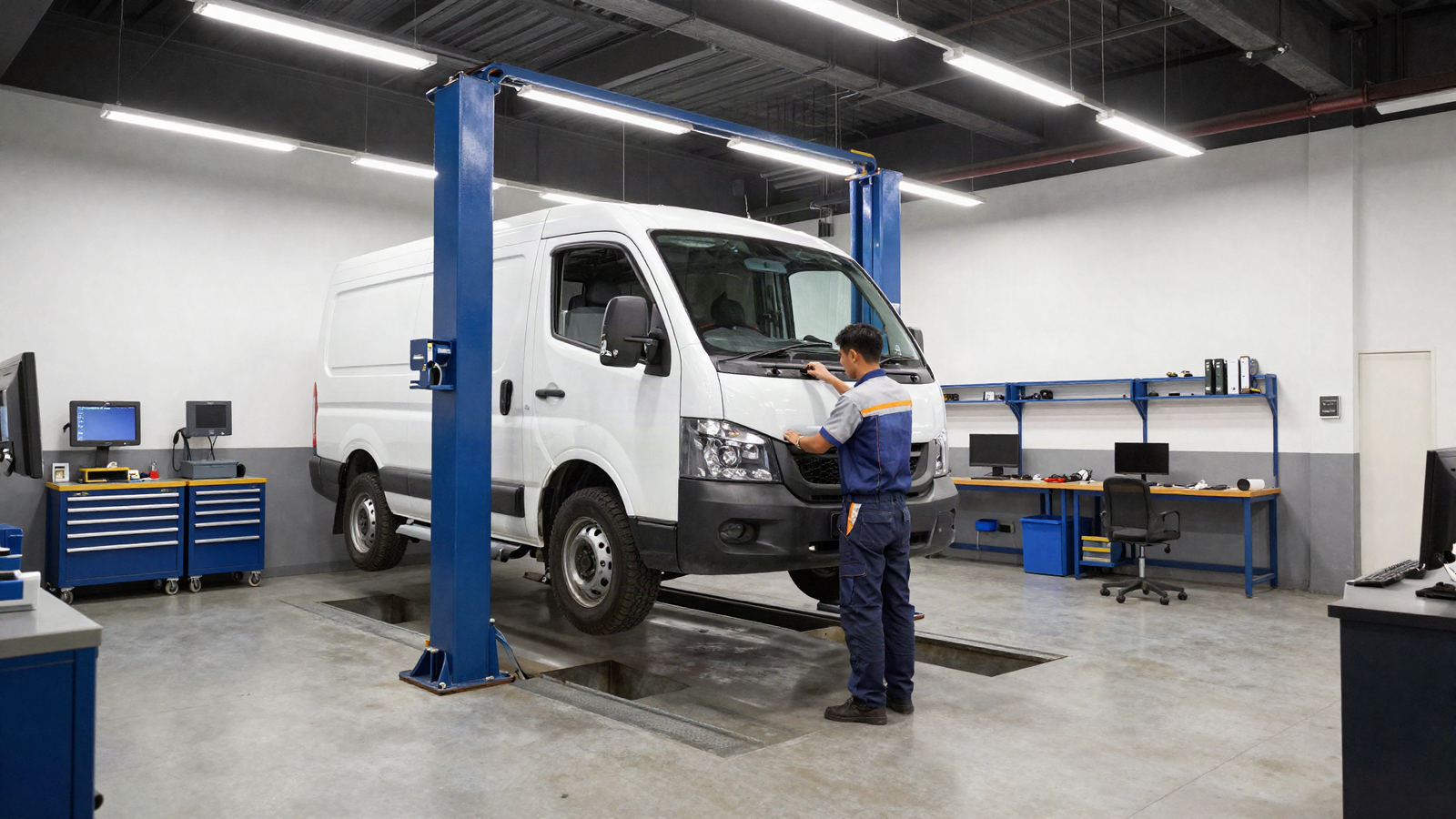 AI-generated image of an Asian technician servicing a commercial van on a lift in a professional Singapore MRO workshop, illustrating in-house vs outsourced maintenance for commercial fleets