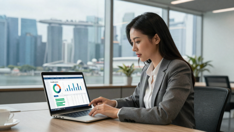 Asian businesswoman reviewing her company's credit profile and credit score report on a laptop financial dashboard in a Singapore office