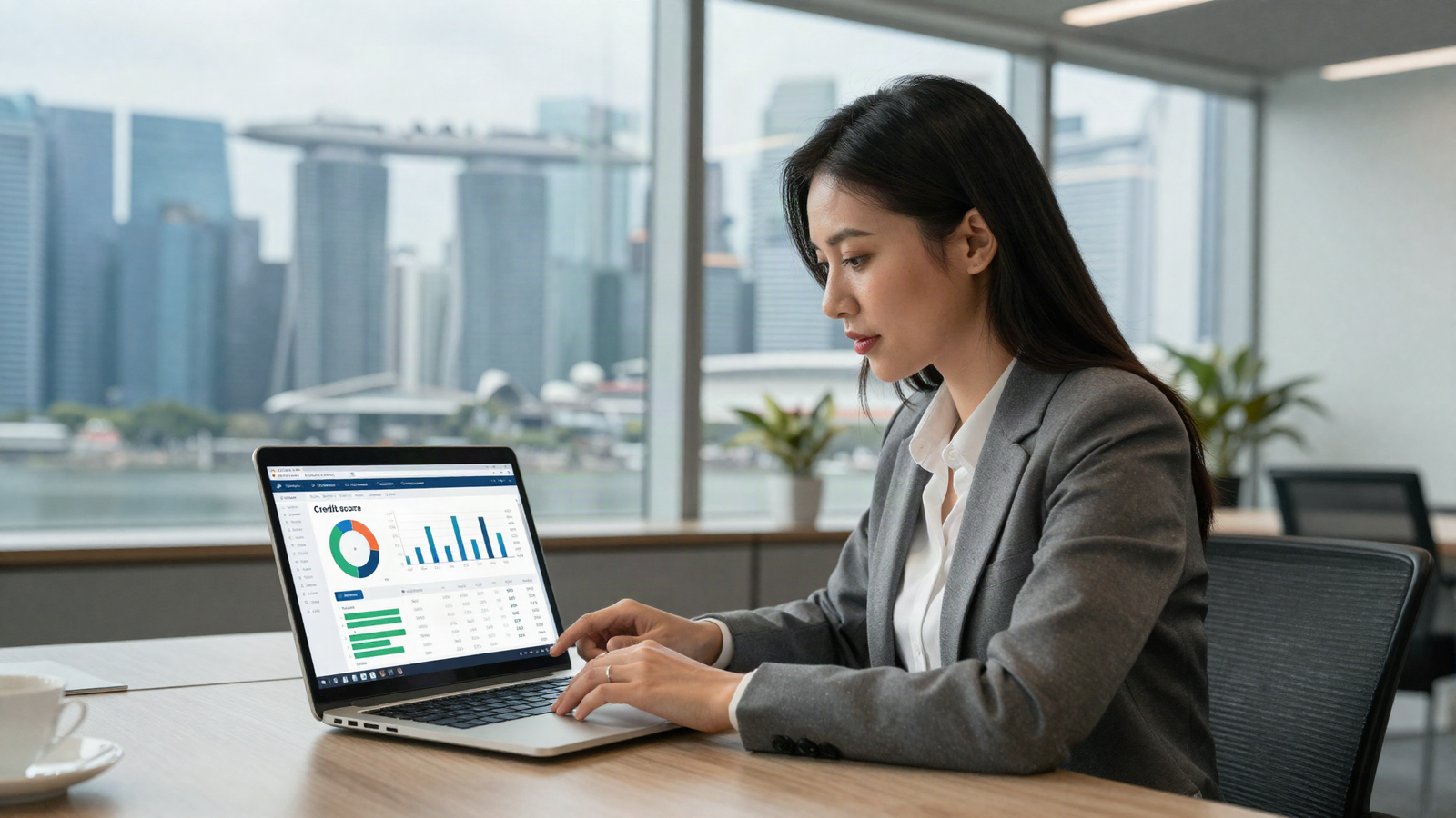 Asian businesswoman reviewing her company's credit profile and credit score report on a laptop financial dashboard in a Singapore office