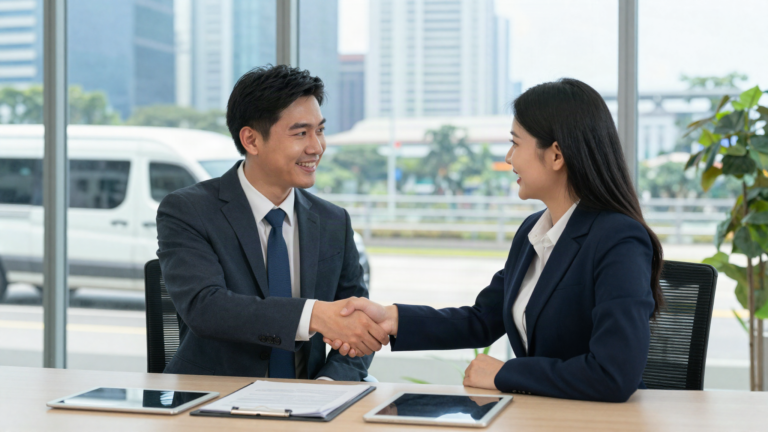 Two Asian businesspeople shaking hands in a Singapore office over a commercial vehicle leasing agreement, with a van and the Singapore skyline visible through the window