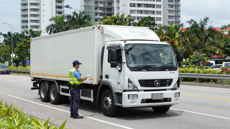 Singapore Traffic Police officers conducting a roadside weight and safety inspection of a heavy goods lorry, illustrating enforcement of weight limits and load rules for commercial vehicles