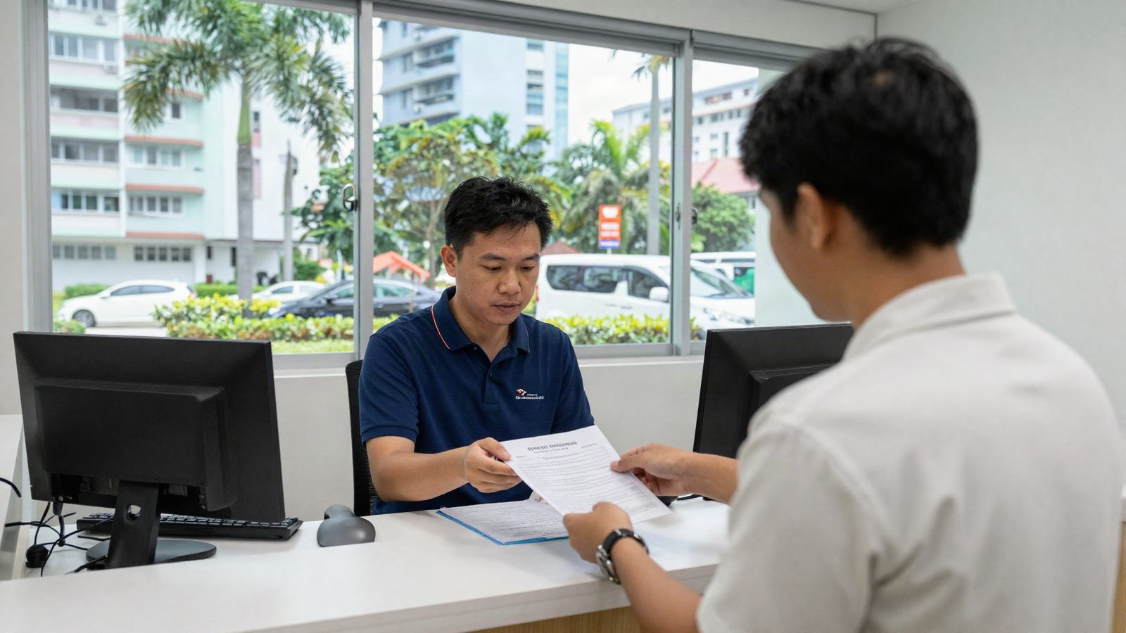 A commercial vehicle owner at an HDB service counter in Singapore applying for a Vehicle Parking Certificate for his heavy lorry