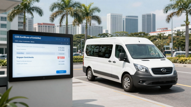 Digital COE renewal bidding dashboard next to a commercial delivery van with Singapore skyline in the background, illustrating COE renewal financing versus scrap-and-replace decisions