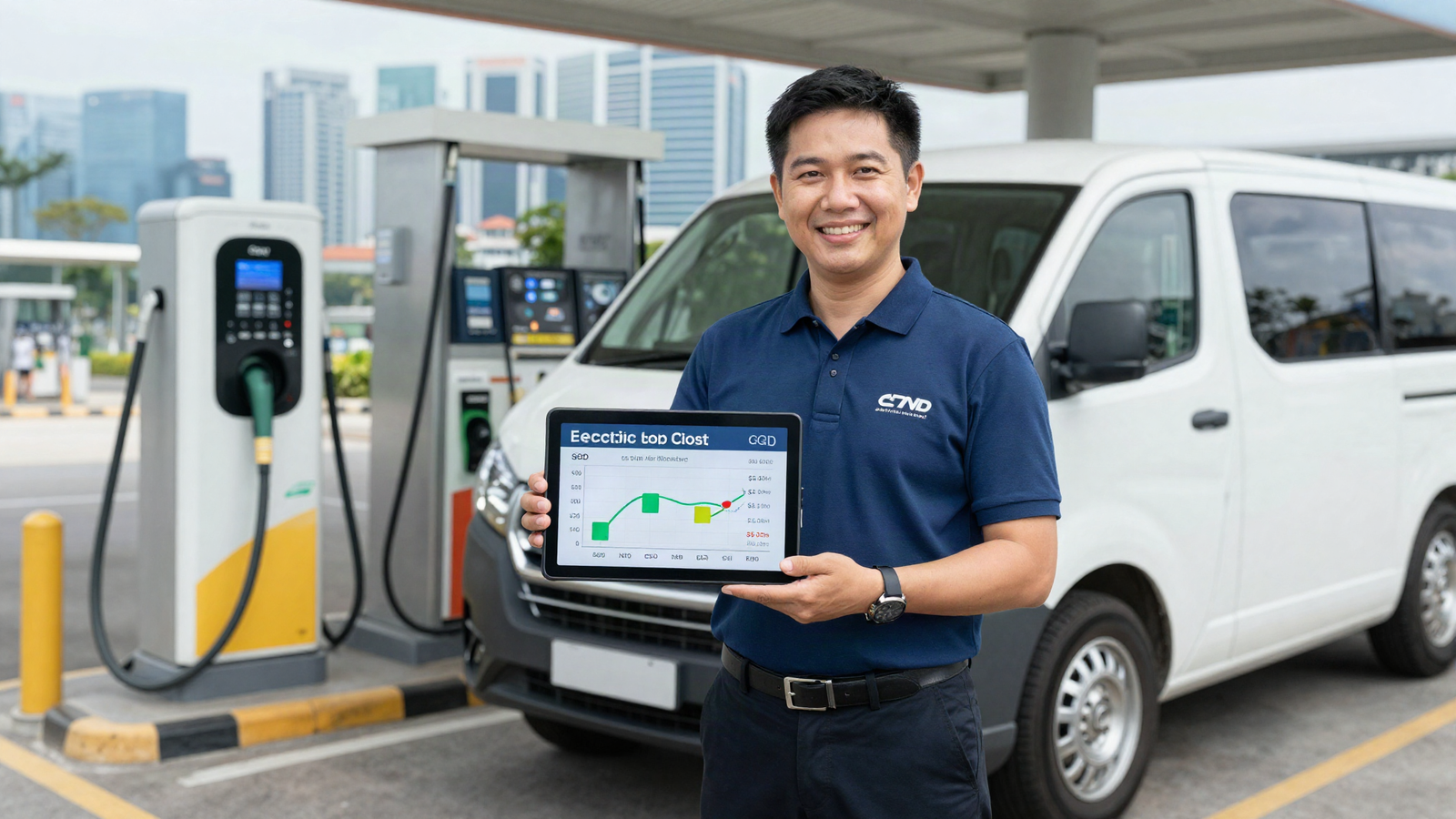 Asian fleet manager holding a tablet showing a diesel versus electric fuel cost comparison chart beside a commercial van in Singapore