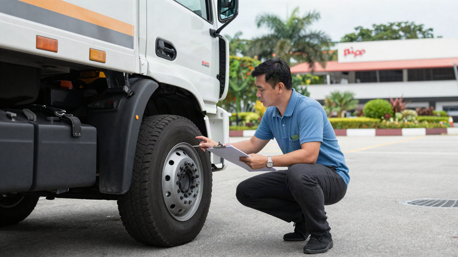 Asian commercial driver crouching to check tire tread with a checklist during a pre-trip vehicle inspection at a Singapore industrial estate