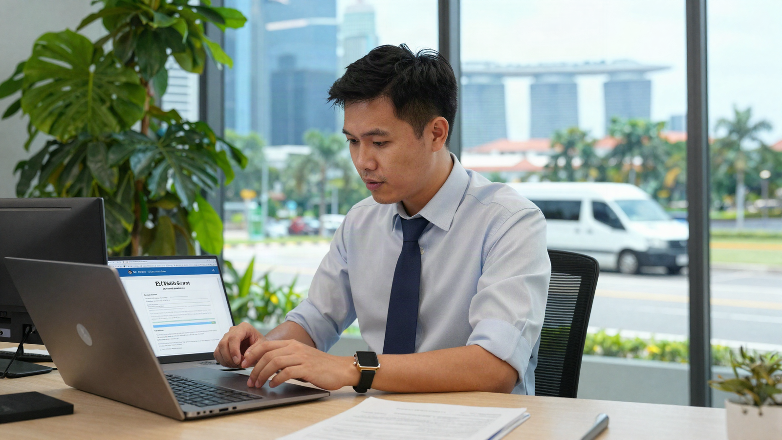 AI-generated image of an Asian fleet manager reviewing an EV grant application in a Singapore office, with an electric commercial van visible outside