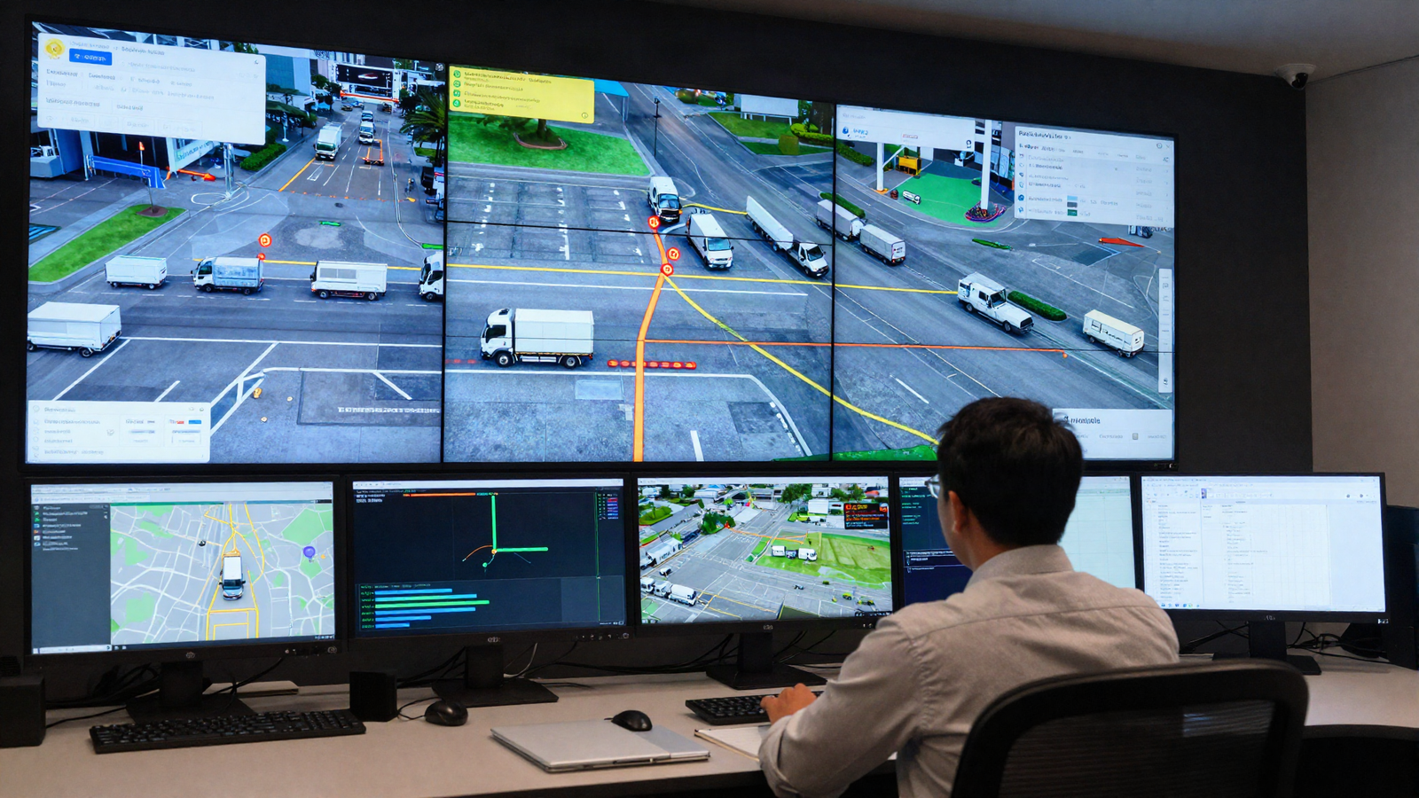 Asian fleet operations manager monitoring a Singapore GPS tracking map on multiple screens in a fleet telematics control room