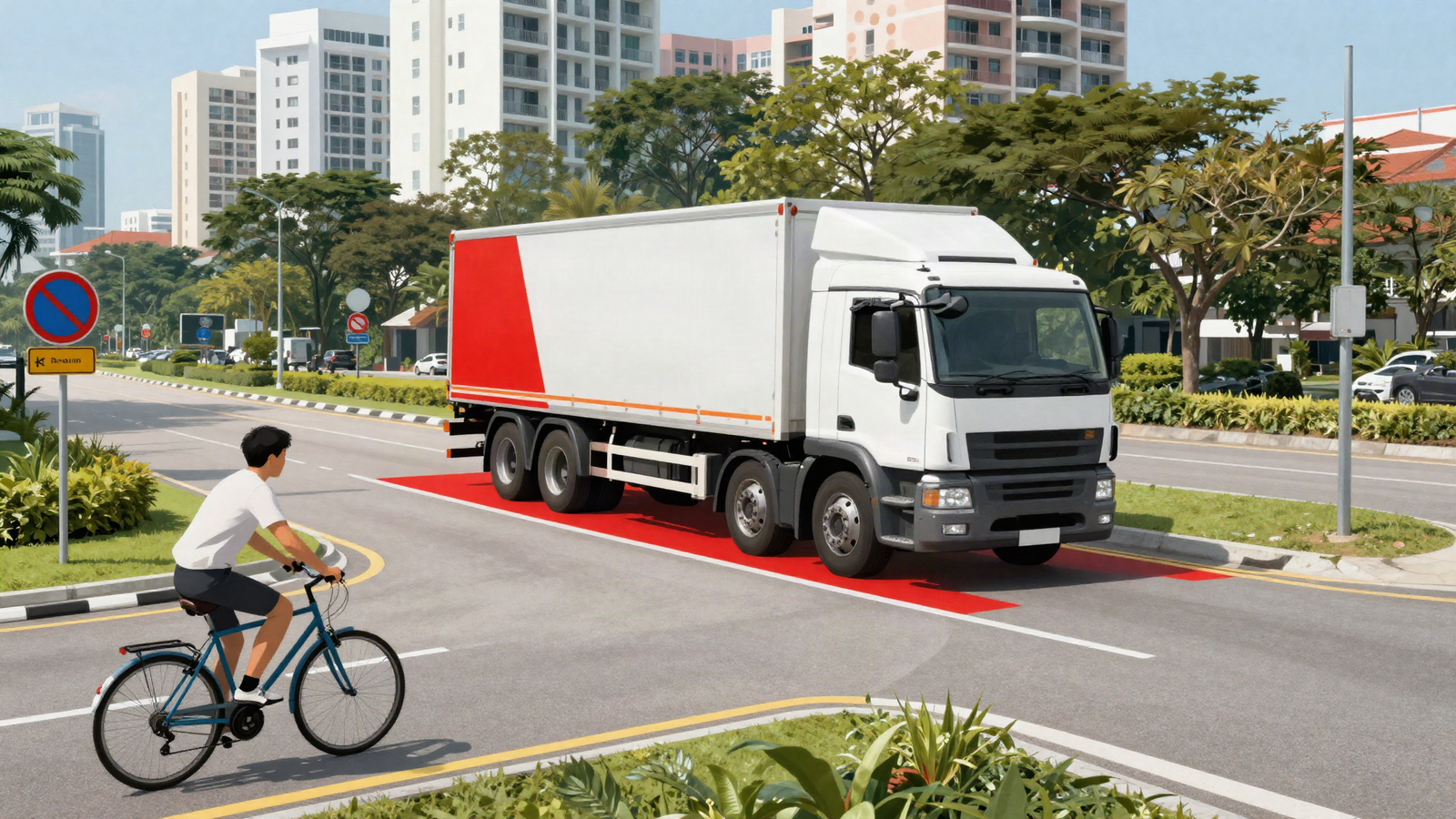 Illustration of a heavy lorry turning at a Singapore junction with its left-side blind spot highlighted where a cyclist is riding
