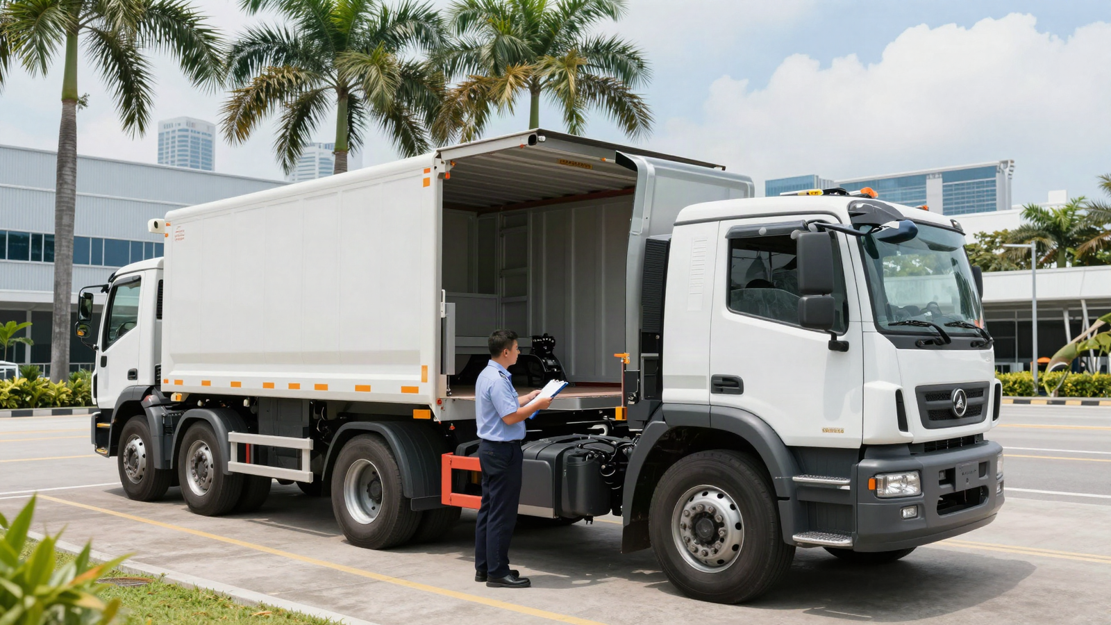 A commercial lorry undergoing structural modification inspection at a vehicle inspection centre in Singapore, reflecting LTA's approval process for reefer, tipper and tanker body conversions