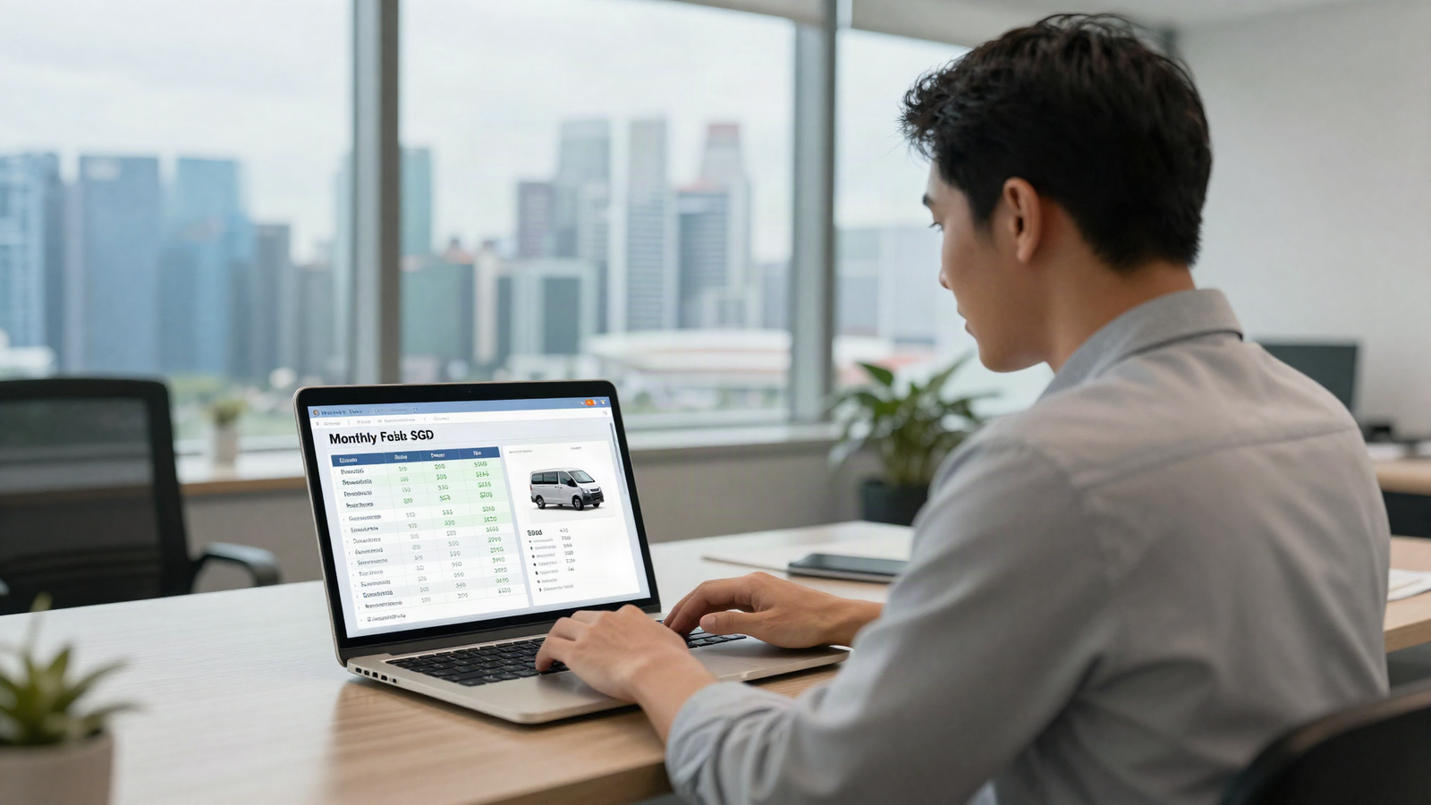 Asian man using a laptop showing a vehicle loan and interest calculator with SGD monthly payment figures in a Singapore office