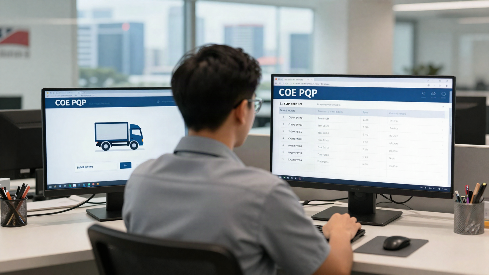 Asian man viewing a COE PQP renewal calculator screen with Singapore dollar figures and a commercial lorry icon