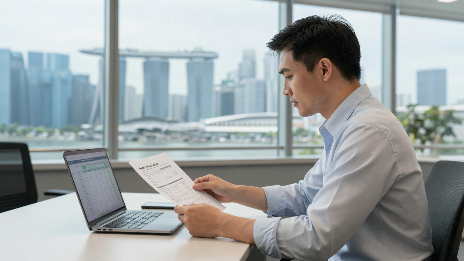Asian businessman reviewing a commercial vehicle loan refinancing document and loan comparison chart on a laptop in a Singapore office with the skyline visible