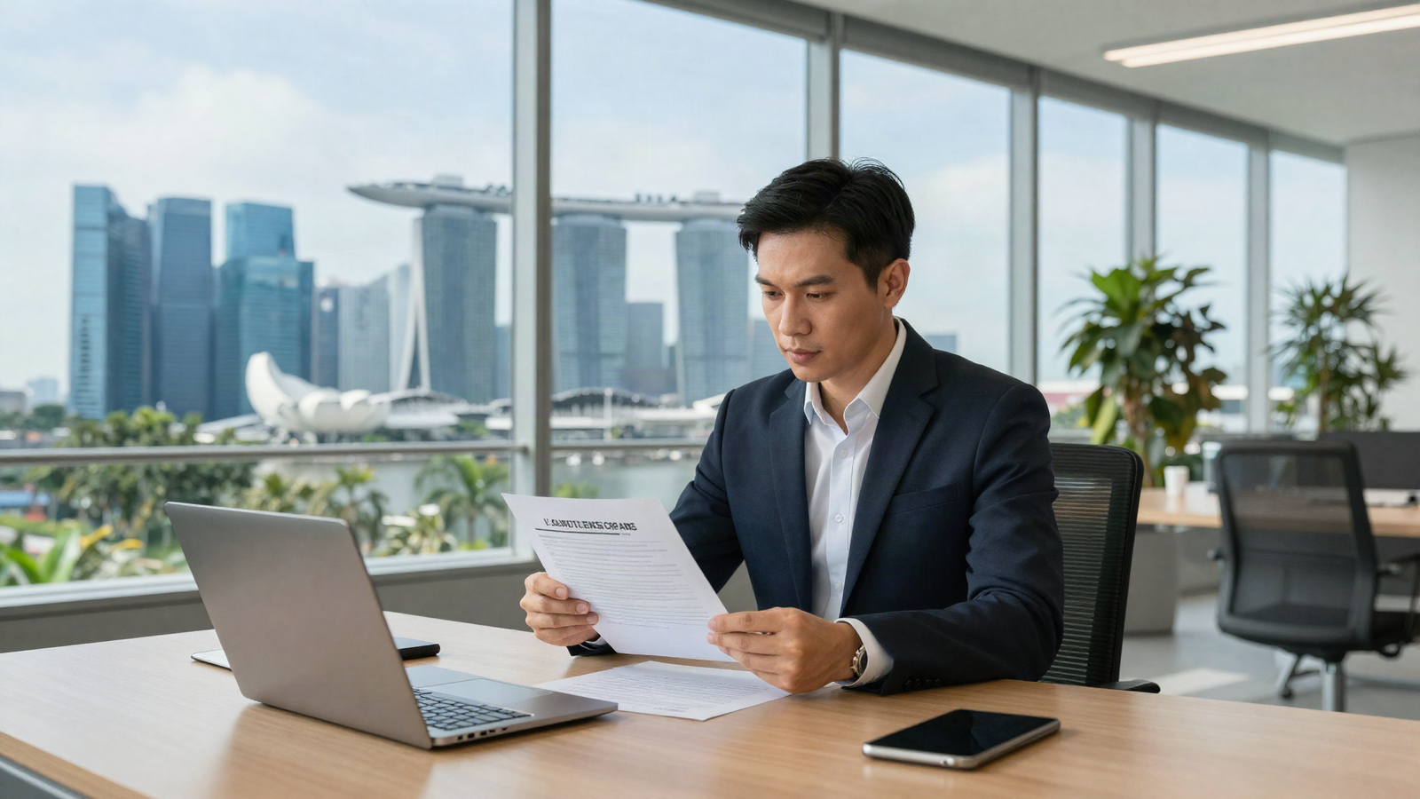 Asian business professional reviewing a commercial vehicle operating lease agreement in a Singapore office with the city skyline in view, illustrating when leasing makes sense for an SME fleet