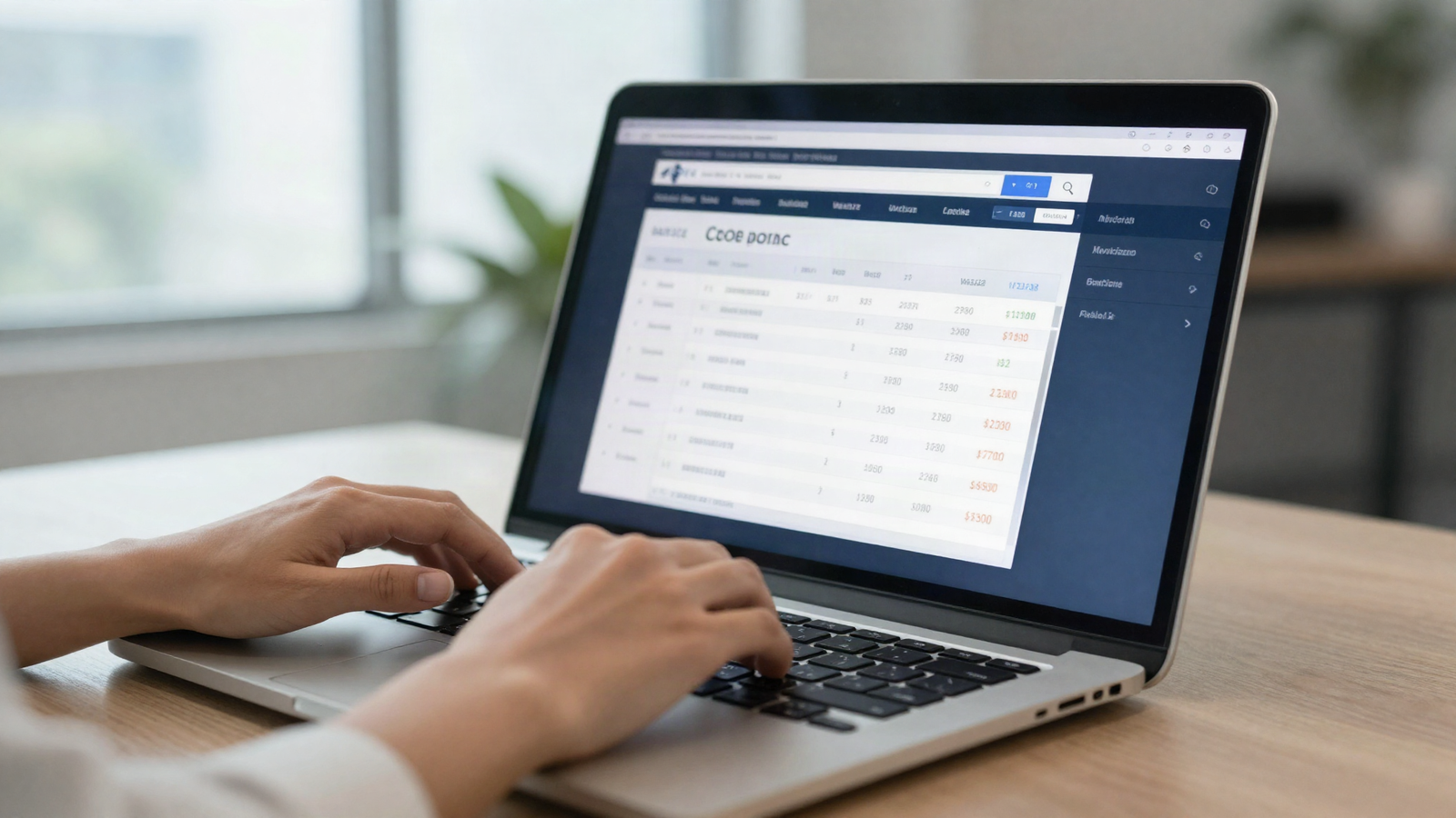 Close-up of hands typing on a laptop showing an online COE bidding portal screen in a Singapore office
