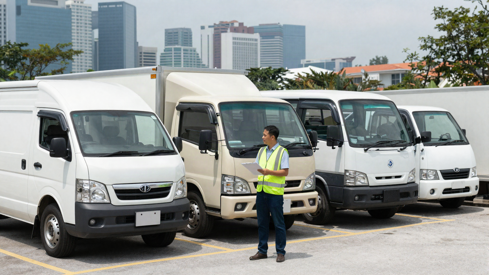 A van, lorry and bus lined up in a Singapore fleet yard with a fleet manager inspecting them, illustrating LTA's different commercial vehicle classifications