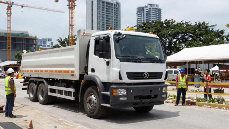 3-axle tipper truck with an X-plate at a Singapore construction site, with Asian construction workers and cranes in the background