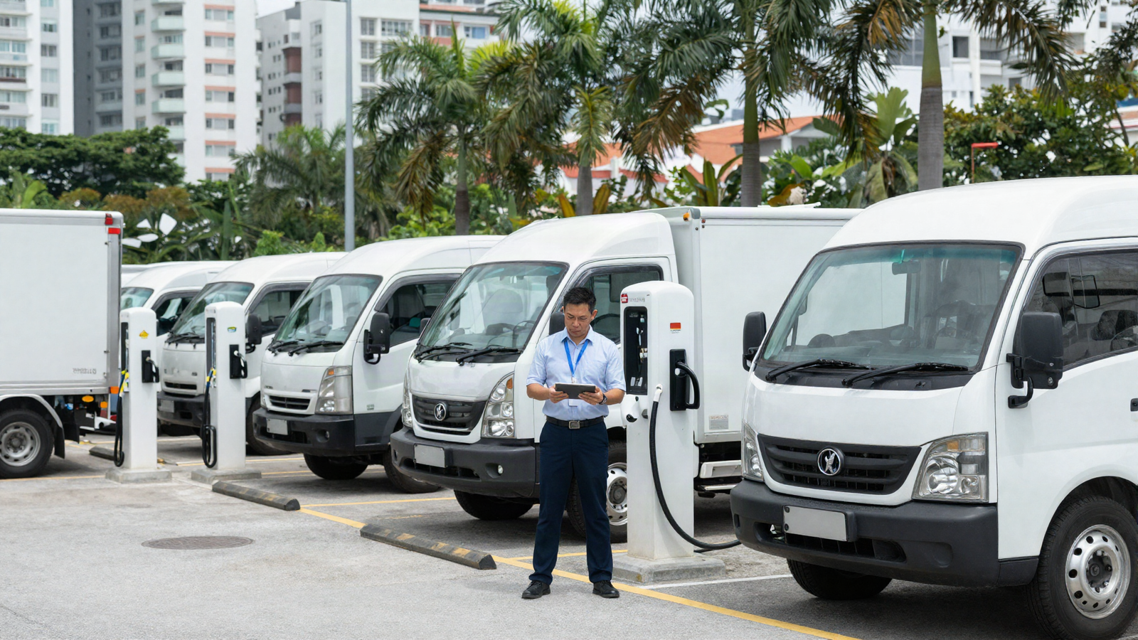 AI-generated image of a Singapore commercial vehicle depot with electric delivery trucks charging and an Asian fleet manager reviewing a tablet, illustrating the 2030 ICE vehicle phase-out for commercial fleets