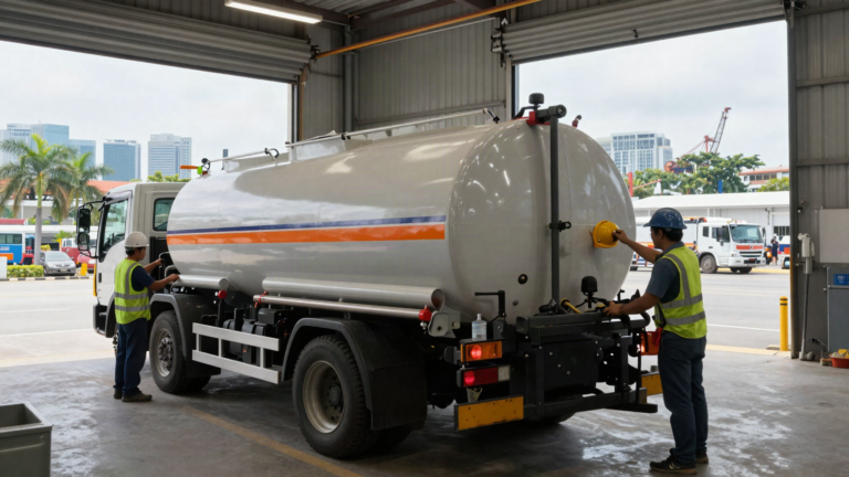 Technicians fitting a certified bulk tank onto a fuel tanker truck in an industrial workshop bay in Singapore, illustrating SCDF-licensed dangerous goods vehicle modification