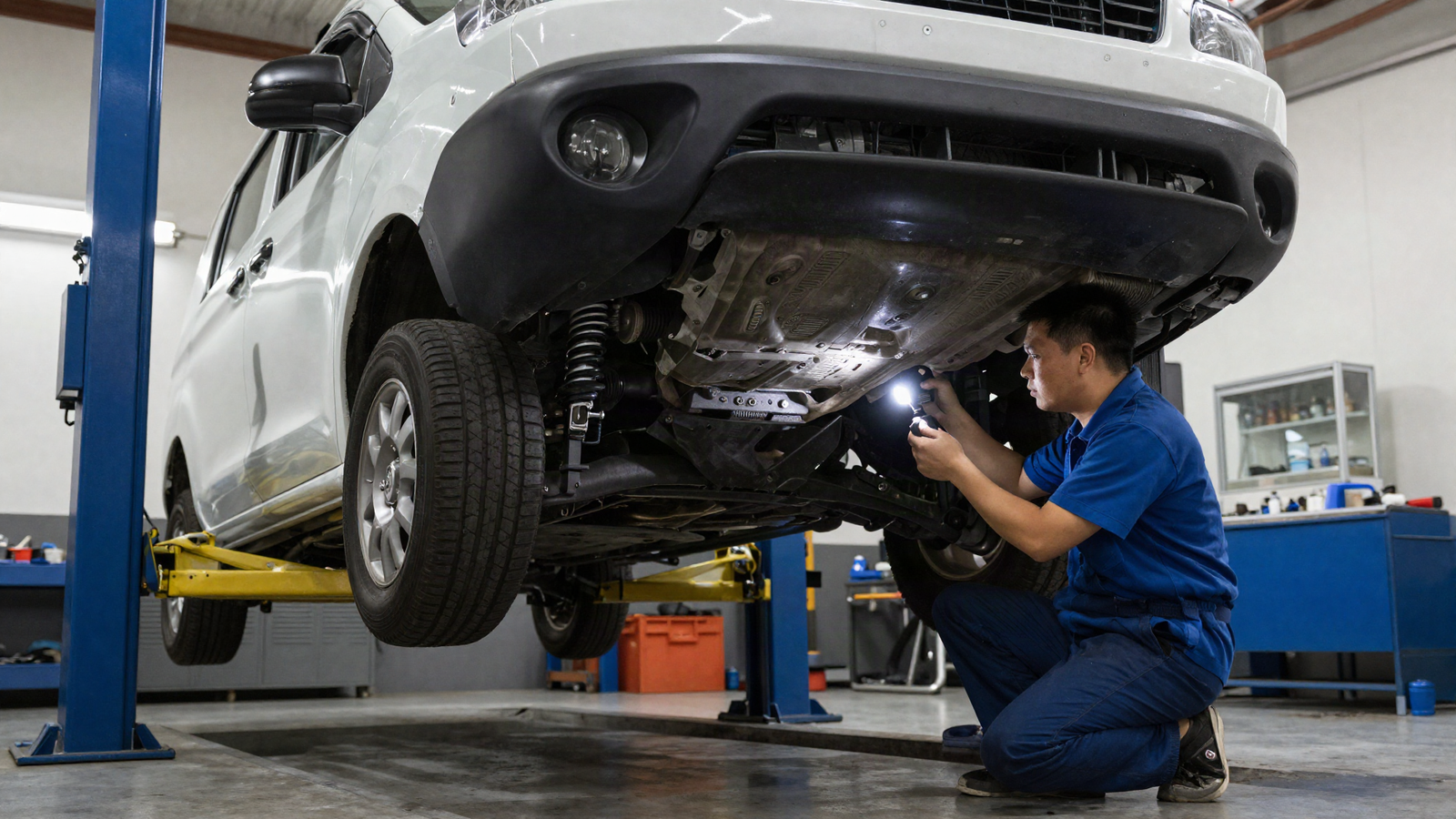 A commercial van raised on a hydraulic hoist for underside inspection at a Singapore workshop, mechanic checking the chassis with a flashlight