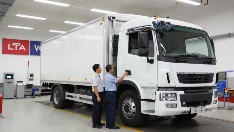 AI-generated image of a Singapore vehicle inspection centre inspection bay with an Asian technician inspecting a commercial lorry on a vehicle lift, illustrating LTA inspection requirements