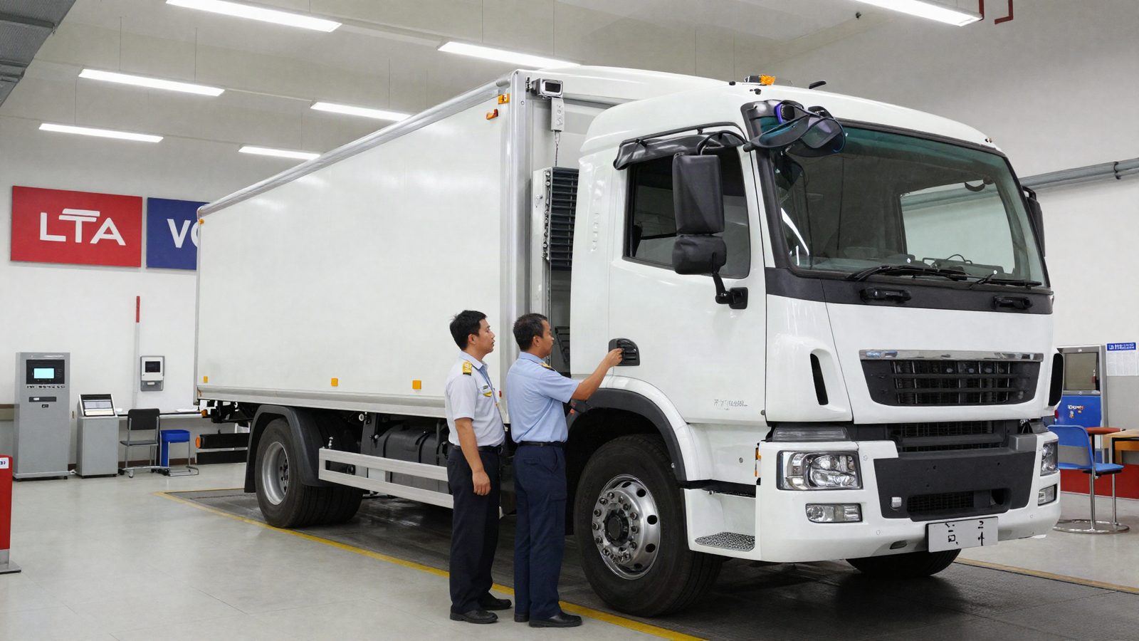 AI-generated image of a Singapore vehicle inspection centre inspection bay with an Asian technician inspecting a commercial lorry on a vehicle lift, illustrating LTA inspection requirements