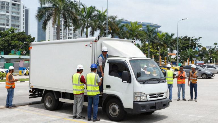 Singapore worker-transport lorry with safety canopy and railings as migrant construction workers board, illustrating passenger van and worker transport rules in Singapore