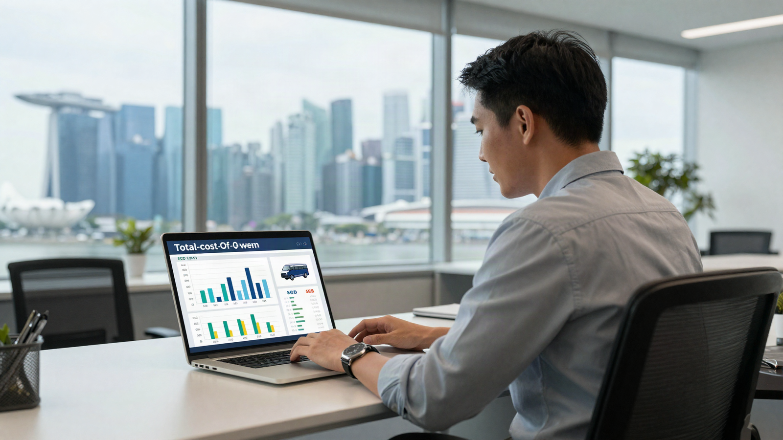 Asian fleet manager reviewing a total cost of ownership dashboard on a laptop in a Singapore office with the skyline visible