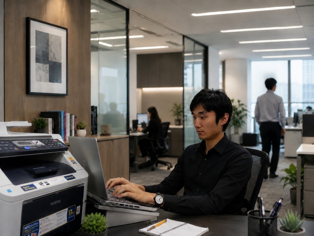An office worker processing a certificate application at a desk, relevant to applying for or renewing a Vehicle Parking Certificate in Singapore
