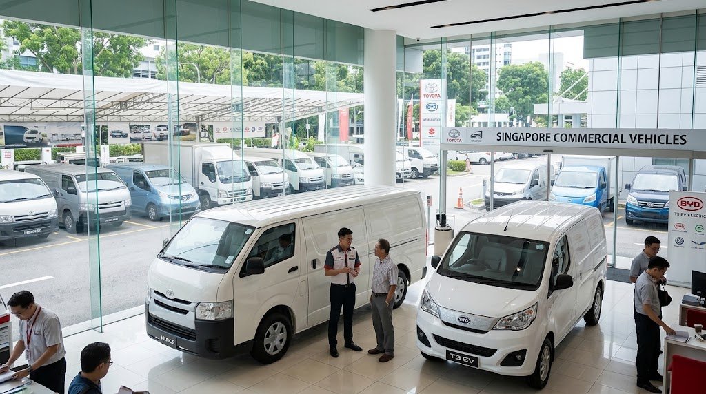 Commercial vehicle dealership showroom in Singapore with a BYD T3 EV van and a Toyota HiAce van
